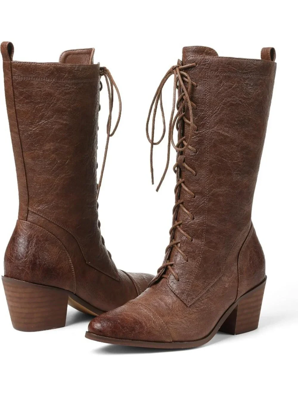 Women's Brown Lace Up Chunky Heel Vintage Combat Heeled Dress Casual Boots